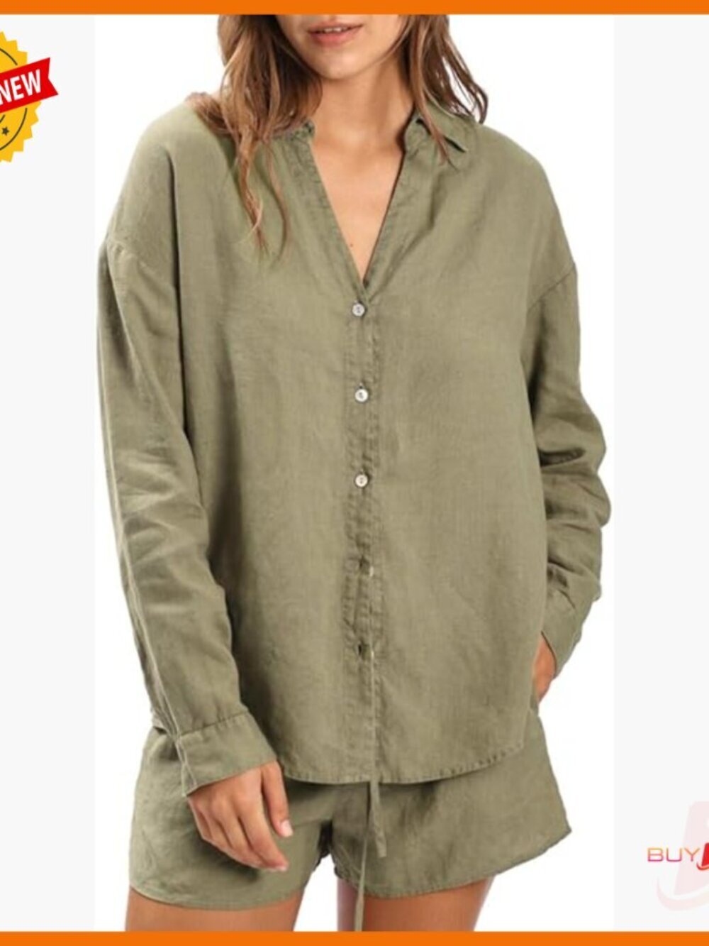 100% Linen Long Sleeve Button Down Shirt Relaxed Fit Blouse